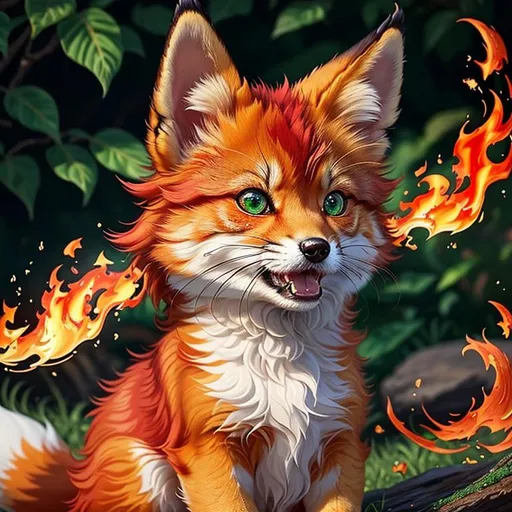 Prompt: (masterpiece, professional oil painting, epic digital art, best quality:1.5), insanely beautiful tiny scarlet ((fox kit)), (canine quadruped), fire elemental, silky golden-red fur, highly detailed fur, timid, ((insanely detailed alert emerald green eyes, sharp focus eyes)), gorgeous 8k eyes, fluffy glistening gold neck ruff, energetic, two tails, (plump), fluffy chest, enchanted, magical, finely detailed fur, hyper detailed fur, (soft silky insanely detailed fur), presenting magical jewel, beaming sunlight, lying in flowery meadow, professional, symmetric, golden ratio, unreal engine, depth, volumetric lighting, rich oil medium, (brilliant dawn), full body focus, beautifully detailed background, cinematic, 64K, UHD, intricate detail, high quality, high detail, masterpiece, intricate facial detail, high quality, detailed face, intricate quality, intricate eye detail, highly detailed, high resolution scan, intricate detailed, highly detailed face, very detailed, high resolution