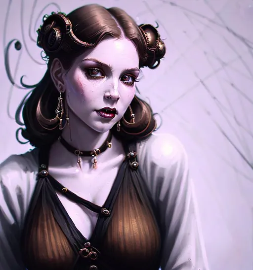 Prompt: {{Portrait of a Steampunk Goth Girl}}, {{High Quality}}, {{Realistic}}, {{1800s or 1900s Style}}, {{Heavily Detailed}}, {{Oil Painting}}, {{Large File Size}}, {{Victorian Era Clothing}}, {{Gothic Fashion}}, {{Steampunk Accessories}}, {{Top Hat}}, {{Goggles}}, {{Leather Corset}}, {{Lace Blouse}}, {{Gloves}}, {{Pendant Necklace}}, {{Long Black Hair}}, {{Pale Skin}}, {{Green Eyes}}, {{Red Lipstick}}, {{Looking Off to the Side}}, {{Serious Expression}}, {{Black Background}}, {{Artist Signature}}.
