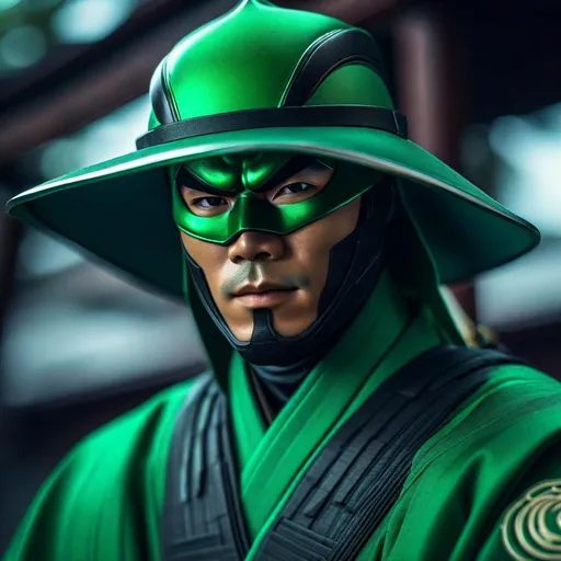 Prompt: Portrait of { Ninja green lantern } on top of {edo era Japan}, perfect composition, hyperrealistic, super detailed, 8k, high quality, trending art, trending on artstation, sharp focus, studio photo, intricate details, highly detailed,happy face, by greg rutkowski