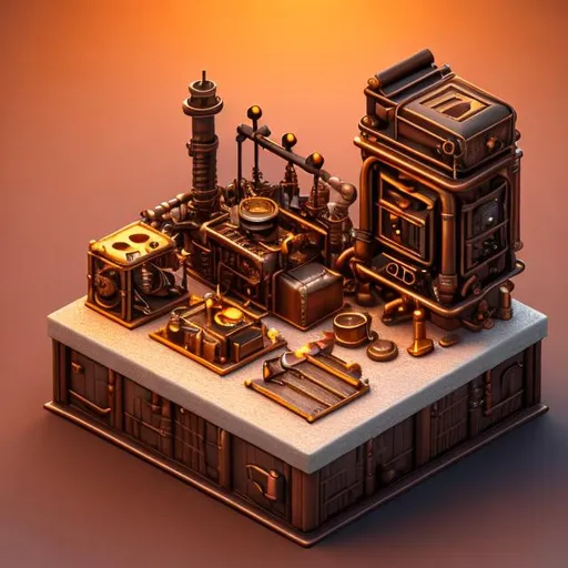 Prompt: cute isometric steampunk forge and anvil in middle, cutaway box, fantasy, highly detailed, made with blender --v 4