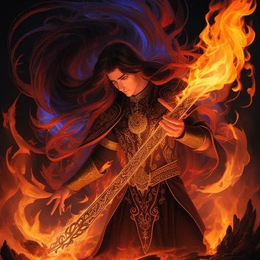 Prompt: front view of burning male sorcerer on fire, body on fire, hair on fire, flames, dark hair, chaotic energy, protection, aura, papers, several amulets,, long flowing hair, magical runes in background, realistic eyes, apostate, vivid colors, masterpiece, art by HR Giger, dark contrast, 3D lighting, nighttime in the heavens, background