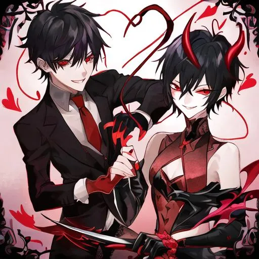 Prompt: Damien (male, short black hair, red eyes), demon form, grinning seductively, holding a knife, hearts around him
