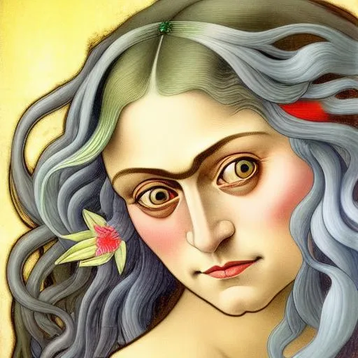 Prompt: in the style of botticelli. a middle aged woman with long gray hair. she has green eyes. she has green feathers in her air. in the style of alphonse mucha. in the style of maurice sendak. Salvador Dali style, Frida Kahlo style, Mark Ryden style eyes, triadic color, backlit, wide-eyed blown pupils, mutilated, death mask, I loved her once, she loved me, now we lay rotting together for eternity
