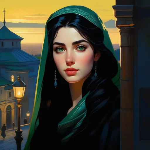 Prompt: Third person, gameplay, Georgian girl, pale skin, black hair, green eyes, Tbilisi at night, cold blue atmosphere, cartoony style, extremely detailed painting by Greg Rutkowski and by Henry Justice Ford and by Steve Henderson 