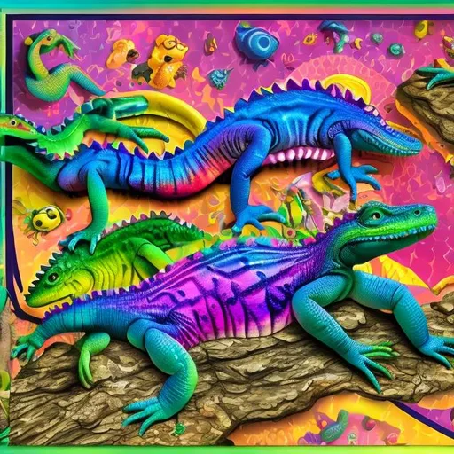 Prompt: Lisa frank style reptiles diorama