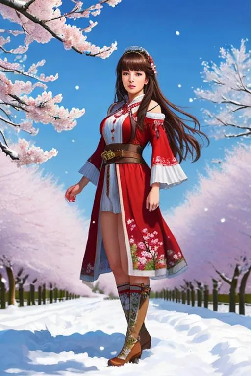 Prompt: Zoomed out, Poster art, high-quality high-detail highly-detailed breathtaking hero, ((Lucy lou)), pretty face, highly detailed ultra high definition face, sharp focus, UHD, hyper realistic , 8k, high quality, oil painting, hyper realism, Very detailed, zoomed out view of character standing amongst cherry blossom trees in winter, snow on the ground, full body of character is seen,  female samurai, detailed beautiful thin face, long black hair super hero character wearing white and gold samurai armour, baby blue in the helmet, full cape that hangs down to her ankles , she  is wearing a black bandana, she is  wearing a red long buccaneer jacket that hangs to her ankles with a black midriff shirt she wears armour trousers, she is wearing white and baby blue samurai armour. Cherry blossom trees in full bloom on a snowy back ground, ice, , full form, epic, 8k HD, ice, fire, luminescence , sharp focus, ultra realistic clarity. Hyper realistic, Detailed face, portrait, realistic, close to perfection, more black in the armour, full body, high quality cell shaded illustration, ((full body)), dynamic pose, perfect anatomy, centered, freedom, soul, blonde long hair, approach to perfection, cell shading, 8k , cinematic dramatic atmosphere, watercolor painting, global illumination, detailed and intricate environment, artstation, concept art, fluid and sharp focus, volumetric lighting, cinematic lighting, 
