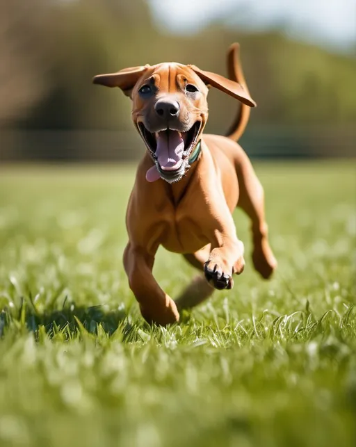 Prompt: A happy brown Rhodesian ridgeback puppy running freely across a large grassy field on a sunny spring day. Shallow depth of field keeps the sprinting puppy in sharp focus while softly blurring the background of trees and humans. Fast shutter speed freezes the energetic pup mid-run, ears flapping in the wind and tongue wagging with joy. Shot with a Sony A7R III using a 70-200mm lens at f/2.8 at 1/1000 shutter speed. Bright, fun lighting enhances the playful mood.