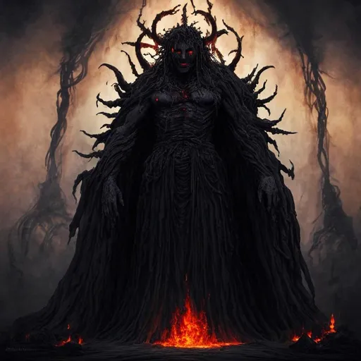 Prompt: Dark ancient god waking from long slumber in a post Apokalyptical burning world one step away from the entrance to the Purgatory, surrounded by Suffering tormented souls and sinister creatures,sinner,underworld,undead,evil,hell,devil,darkness,Takeshi Oda,