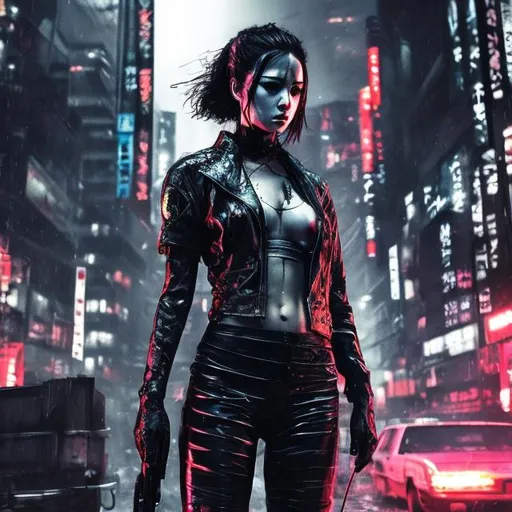 Prompt: 4k. Focused. black and neon switchblade killer lady. Beautiful. Deadly.. Full body. Accurate. realistic. evil eyes. Slow exposure. Detailed. Dirty. Dark and gritty. Post-apocalyptic Neo Tokyo .Futuristic. Shadows. Armed. Fanatic. Intense. 