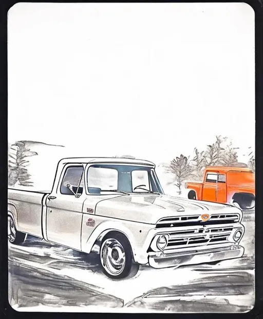 Prompt: Add a 1965 orange Ford F100 sideways in the front 
