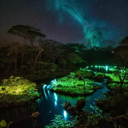 Prompt: uma floresta e um rio e borboletas voando em volta, tem que estar de noite e a lua aparecendo e iluminando as borboletas que voam
