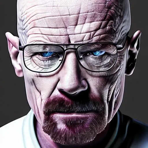 Prompt: walter white portrait 8K octane blending hyper realistic stunning drug factory background bleeding black blood insane