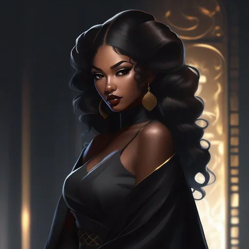Prompt: anime art, 2d, digital painting, African American features, cute Anime Skin Diamond:tiefling priestess, big black eyes, silk gown, vampire, dark skin, wavy brown hair, dreadful dark and moody atmosphere, blank expression, combination of gray and black color scheme, rear view,
volumetric lighting, masterpiece, smooth, sharp focus, illustration, golden ratio, rule of thirds, fantasy, D&D, Pathfinder, Tiefling, ((style of Tiefling,))