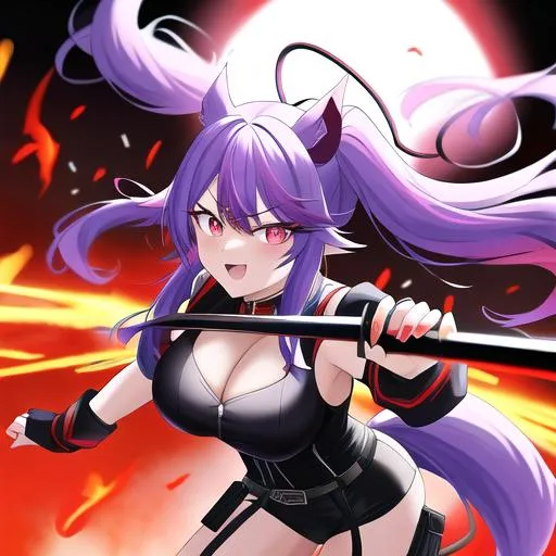 Prompt: Haley  as a demon (multi-color hair) (multi-color eyes)(she has horse ears) holding a katana, fighting, in a gunfight, bullets flying, fighting in a rural area, angry, (demon tail), (demon wings), lunging at the center, flying in the air