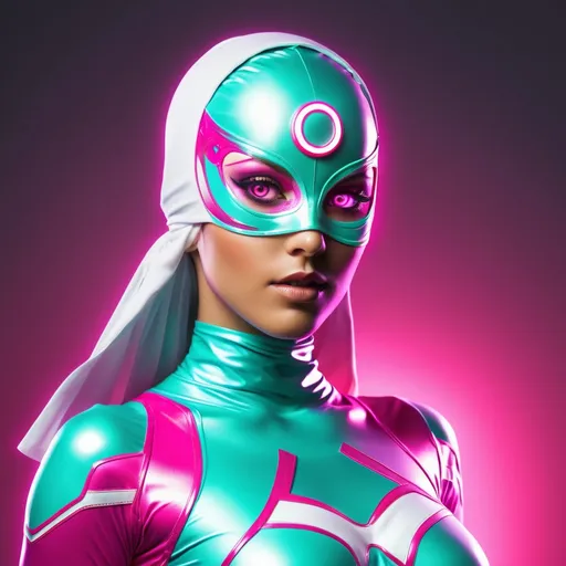 Prompt: superheroine in a  bright tight superhero outfit with a tight fitting head covering superhero mask (((covering hair, head, and face))), with glowing eye holes