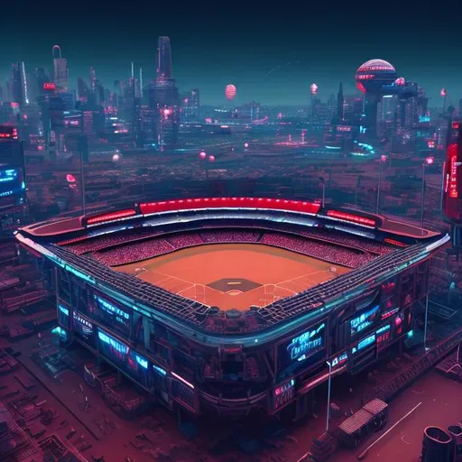 Prompt: futuristic baseball stadium, 8k, hog detail, futuristic city in background, night, blue and red tint.