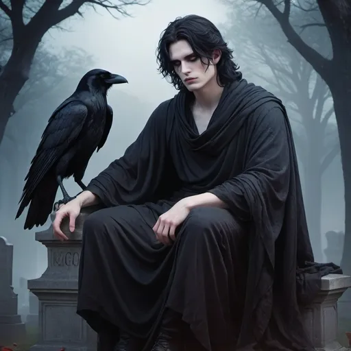 Prompt: Full body, Fantasy illustration of the male god of death and sleep, attractive, celestial and mysterious, pale skin-color, black disheveled hair, serious expression, dark hollow eyes, raven sitting on his shoulder, wearing a black toga, majestic pose, in a misty cemetery, vibrant colors