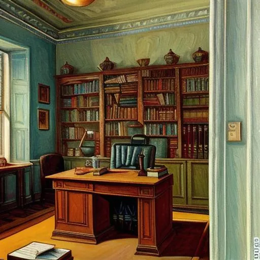 Prompt: A painting of a writer's office 