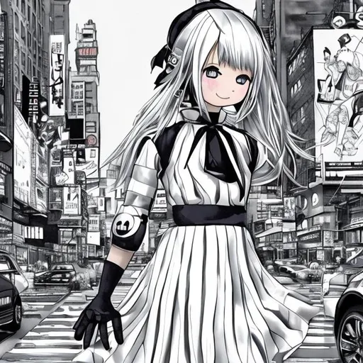 Prompt: Ototsuki Momoshiki in New York in a black and white dress