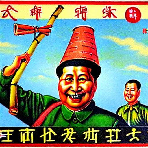 Prompt: 1960s Chinese propaganda poster of a smiling Mao Zedong, Mao is carrying a bamboo pole on his shoulder, Mao Zedong is surrounded by workers in Asian conical hats, attached to the horizontal bamboo pole are water buckets, Mao is in a village, highly detailed, highly decorated, masterpiece, vivid