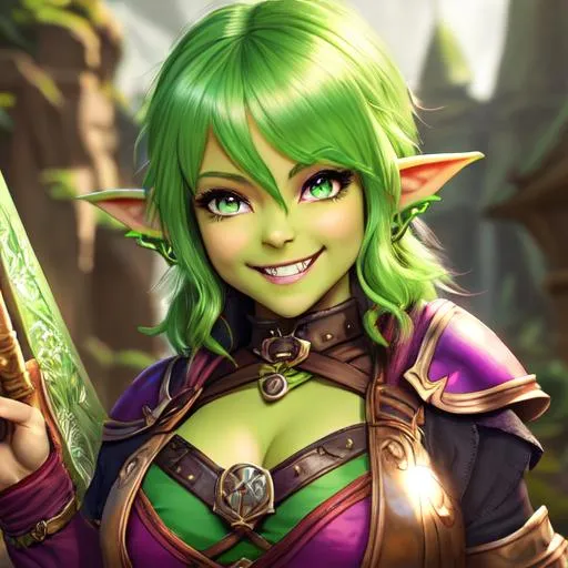 Prompt: oil painting, D&D fantasy, green-skinned-goblin girl, green-skinned-female, small, beautiful, short dark pink hair, wavy hair, smiling, pointed ears, fangs, looking at the viewer, cleric wearing intricate adventurer outfit, #3238, UHD, hd , 8k eyes, detailed face, big anime dreamy eyes, 8k eyes, intricate details, insanely detailed, masterpiece, cinematic lighting, 8k, complementary colors, golden ratio, octane render, volumetric lighting, unreal 5, artwork, concept art, cover, top model, light on hair colorful glamourous hyperdetailed medieval city background, intricate hyperdetailed breathtaking colorful glamorous scenic view landscape, ultra-fine details, hyper-focused, deep colors, dramatic lighting, ambient lighting god rays, flowers, garden | by sakimi chan, artgerm, wlop, pixiv, tumblr, instagram, deviantart