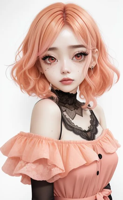 Prompt: vibrant bright colors, ombre apricot-pink-peach hair, dirty hair, black mourning clothes, black lace cloth, one single mole under eye, one mole on body, full body, busty, dark undertones, sad girl, minimalist black mascara, sad eyes, sobbing, distraught, panic, haggard face, ethereal girl, drk circles, dark horror background, ((full body)) {{good looking}} {{cute}} {{good body}} {{tight}}, symmetrically colored hair, {{shadows}}, 