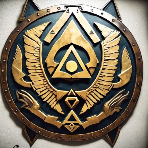 Prompt: triforce on a huge shield that also has a red bird protecting the triforce.