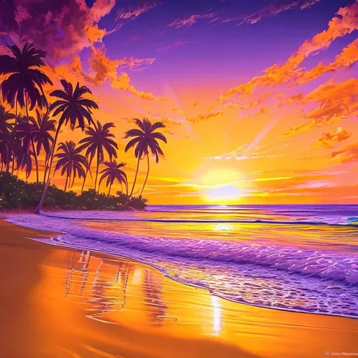 Prompt: An exquisite golden sunset over a pristine beach, with palm trees swaying gently in the warm breeze, casting long, captivating shadows on the soft sand. The sky is painted in vibrant hues of orange, pink, and purple, creating a breathtaking display of natural beauty." Highly detailed, beautiful features 