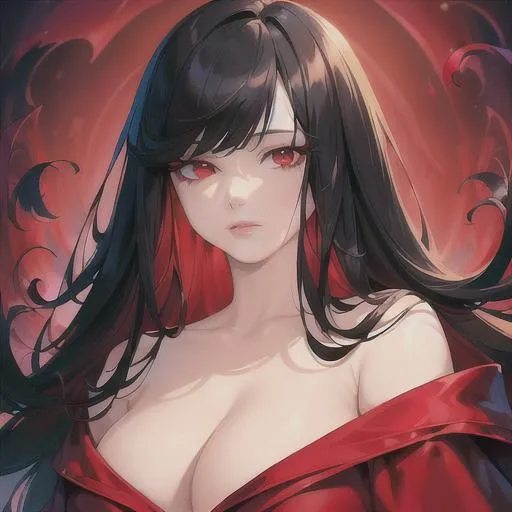 Prompt: (masterpiece, illustration, best quality:1.2), (floating in a blood filled pool), trimmed black hair, red eyes  wearing white robe, best quality face, best quality, best quality skin, best quality eyes, best quality lips, ultra-detailed eyes, ultra-detailed hair, ultra-detailed, illustration, colorful, soft glow, 1 woman, mature woman
