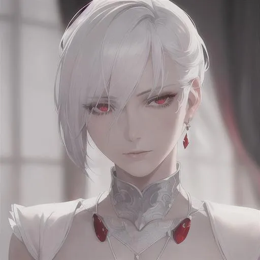 Prompt: "A close-up photo of a handsome man, short white hair, red eyes, wearing kings robe, in hyperrealistic detail, with a slight hint of loneliness in her eyes. Her face is the center of attention, with a sense of allure and mystery that draws the viewer in, but her eyes are also slightly downcast, as if a sense of loneliness is lingering in her thoughts. The detailing of her face is stunning, with every pore, freckle, and line rendered in vivid detail, but the image also captures the subtle emotions of loneliness that might lie beneath her surface."