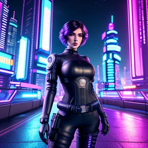 Prompt: Full length body extremely detailed photo  cyberpunk lady, female cyberpunk synthwave assassin with guns in both hands, ultra realistic photo of a woman, ultra detailed eyes, dreamy black colored eyes, beautiful round face, futuristic cityscape, short pixie haircut, Retrowave hair, cityscape, futuristic city background, full length body, beautiful short black hair, neon lighting, pixie haircut black hair, crimson red lips, dark red lips, ultra detailed full lips, symmetrical, dark wide eyes, soft lighting, detailed face, by makoto shinkai, stanley artgerm lau, wlop, rossdraws, concept art, digital painting, most popular final photograph, perfect face
