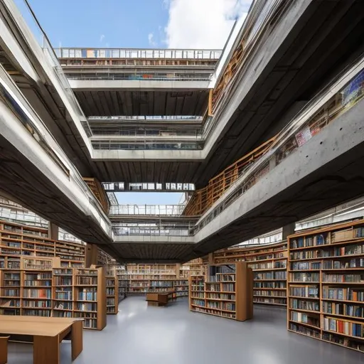 Prompt: a large multi story library filled with books, brutalist architecture, skylights, foot paths ,stairs