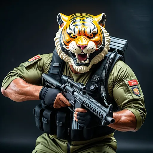 Prompt: (a dark-skinned bearded fat muscular old man in a bulky army camouflage zipper diver suit) shooting with gun and (wearing small-sized realistic roaring tiger mask), muscular, Bruce Onobrakpeya, sumatraism, stanley artgermm, action, fierce, snarling, best quality
