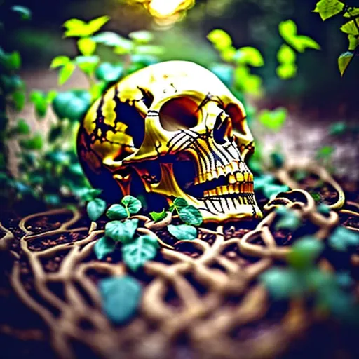Prompt: Golden skull laying on the ground with vines growing through it