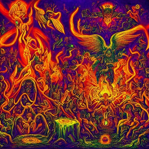 Prompt: DMT Realm, Life, Death, God, Satan, Heaven, Hell, mythical, extreme details, hyperreality, HDR, High Contrast