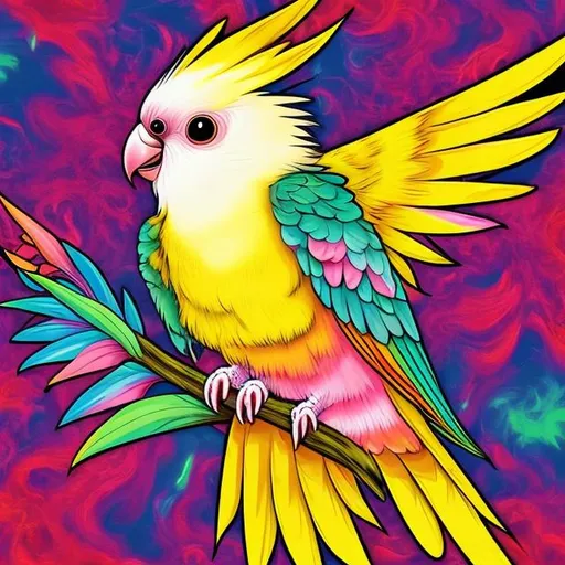 Prompt: Cockatiel in the style of Lisa frank