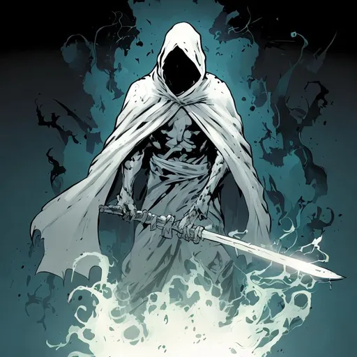 Prompt: Ghost Comic character, art style of Ryan ottley, white executioners hood, smoke, transparent body, iconic costume, holding black scythe