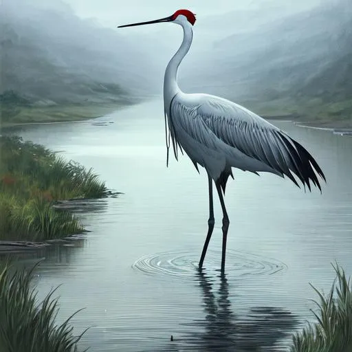 Prompt: an illustration of a crane standing still in a river, looking down at the water