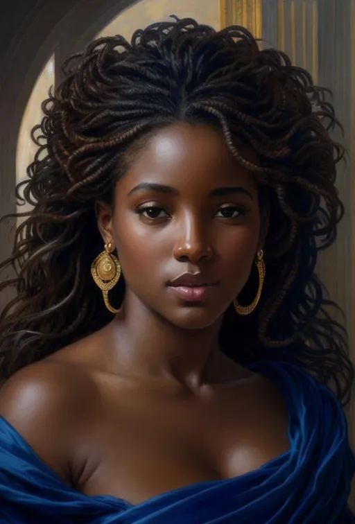 Prompt: Please produce a painted portrait of beautiful Aphrodite looks like African Ghanaian Tidings mouth slightly open surprised look on face greek god, , upper body, flowing robe , fantasy, intricate, elegant, highly detailed, digital painting, artstation, concept art, smooth, sharp focus, illustration, art by gaston bussiere and alphonse mucha perfect exposure high resolution 