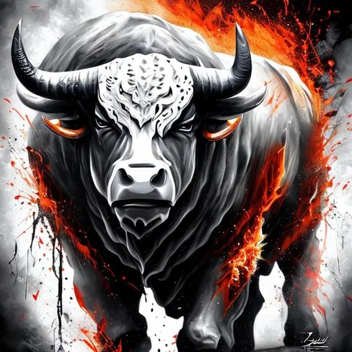 Prompt: the bull  with black eyes, in the style of dark silver and red,  tanbi kei, ravencore, white and orenge with fire,  airbrush art anime, background black 
