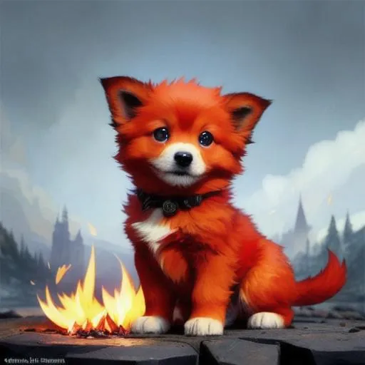 Prompt: Cute, red, fluffy, fire puppy, possessing the element of fire and making circles of fire
 move around in the air in a magical way. Perfect features, extremely detailed, realistic. Krenz Cushart + loish +gaston bussiere +craig mullins, j. c. leyendecker +Artgerm.