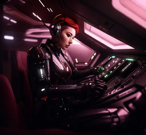Prompt: a spaceship pilot in a latex suit with robotic limbs, laying down in a pod, in a cyberpunk setting, cyborg, implants, high details, realistic , professionally colour graded, photorealism, 8k, grim dark lighting, art by sakimichan