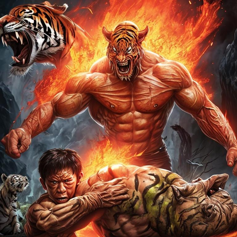 muscular alien warlord fights tiger, blood, claws, w...