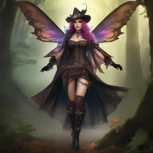 Prompt: ((Epic)). ((Cinematic)). Shes a colorful, Steam Punk, gothic, witch. ((distinct)) Winged fairy, with a skimpy, ((colorful)), gossamer, flowing outfit, standing in a forest by a village. ((Wide angle)). Detailed Illustration. ((8k)).  Full body in shot. Hyper real painting. Photo real. A ((beautiful)), very shapely, woman with ((anatomically, real hands)), and ((vivid)) colorful, ((bright)) eyes. A ((pristine)) Halloween night. Concept style art. 