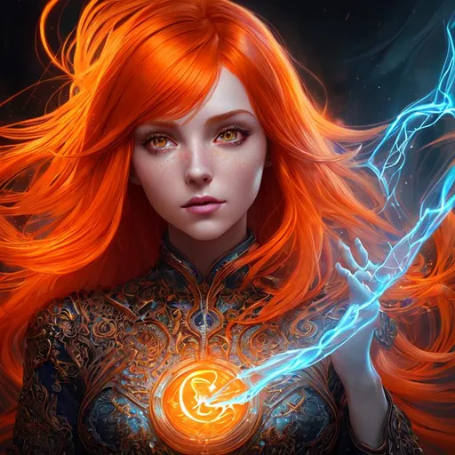 Prompt: incredibly detailed, glowing Luminous magical currents unusual magic elements, cinematic digital art, cinematic lighting, Gorgeous hyper-detailed, smooth and clear intricate details, inspired by Greg Rutkowski, photorealism, hyperdetailed, #Prisi# young woman with orange hair hyperrealism 12k resolution complementary colors wide-angle lens sunny