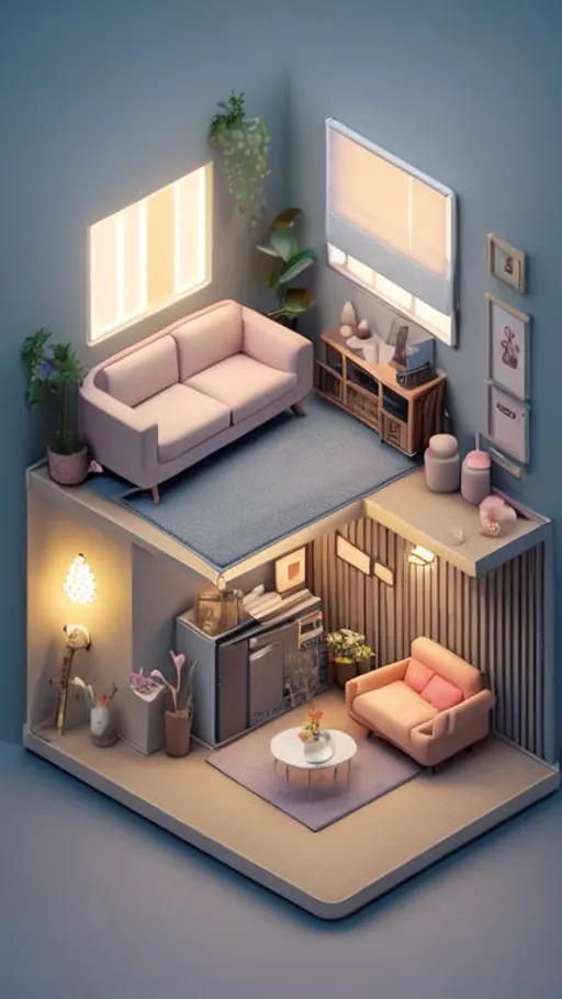 Prompt: Tiny cute isometric living room in a cutaway box, boconcept furniture , soft smooth lighting, soft colors, 100mm lens, 3d blender render
