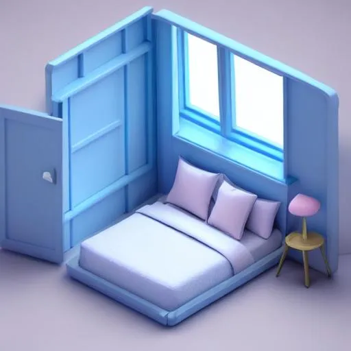 Prompt: Tiny cute isometric bedroom in a cutaway box, blue, soft smooth lighting, soft colors, 100mm lens, 3d blender render