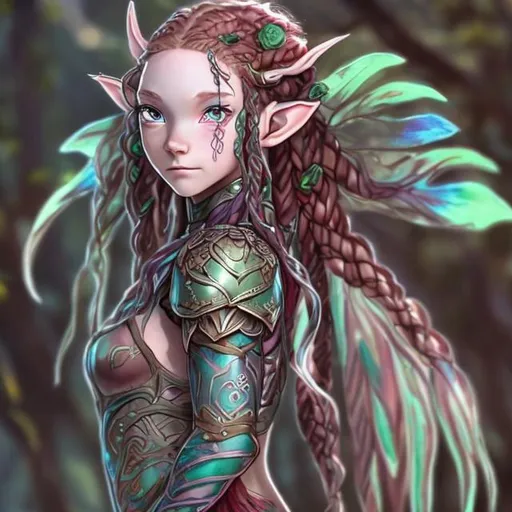 Prompt: Half-Nymph Half-Elf woman. Multicolored glossy Butterfly wings on back. Leather Armor. Small Body, Beautiful, long red hair with braids, green eyes, faint green marks in her skin and well the tattoo of a rose on her right arm