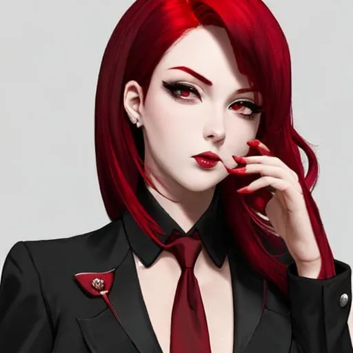 Prompt: Cherry black and red hair as mafia boss 