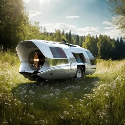 Prompt: UHD photorealistic rendering Family spacecraft hovering over meadow 